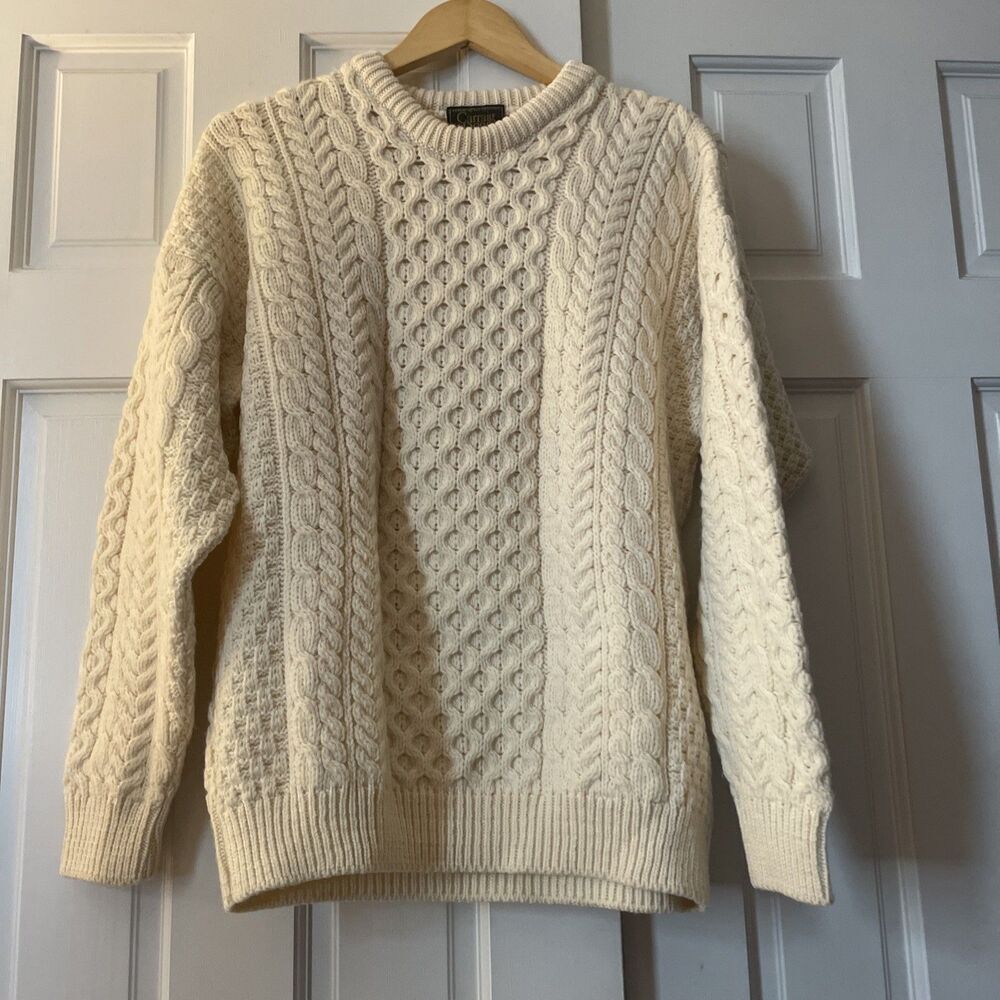 VTG Carraig Donn Fisherman Sweater Merino Wool Cream Cable Knit Made in Ireland